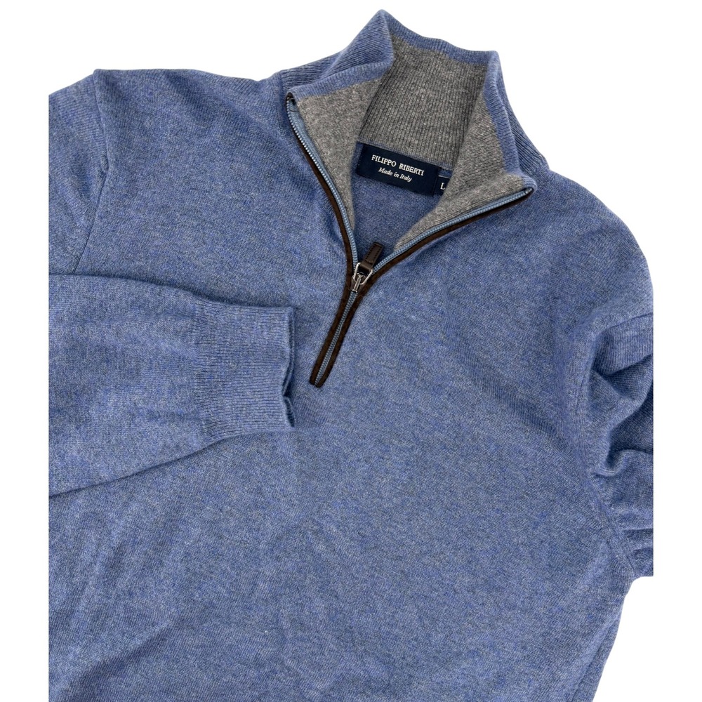 Filippo Riberti Mens Blue Merino Wool Cashmere Blend Quarter Zip Sweater Large
